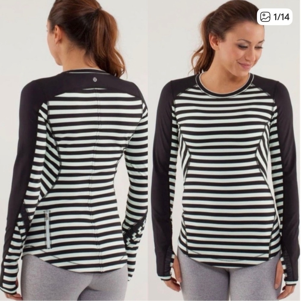 Lululemon Athletica Striped Long Sleeve Top Thumbholes Zipper Pocket Women